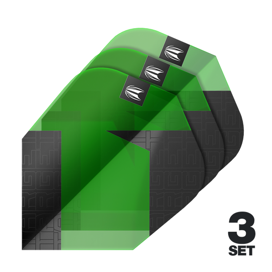 Target Pro Ultra TAG Green Ten-X Standard Flights - 3 Sets Auf dem Bild sind drei grüne und schwarze Dart-Flights mit einem modernen Muster zu sehen. Unten rechts steht "3 SET", was auf drei Sets hinweist.