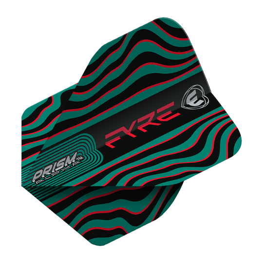 6915-708_Winmau_Prism_Alpha_Fyre_BlackTurquoiseRed_Standard_Flights_2ikImxpb4wmDxY Das Bild zeigt das Produkt "Winmau Prism Alpha Fyre BlackTurquoiseRed Standard Flights". Das Design ist schwarz mit welligen türkisfarbenen und roten Linien sowie auffälliger Aufschrift.