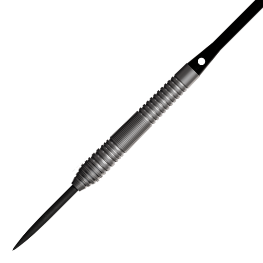 Bulls NL Dirk Van Duijvenbode 80 steel darts Auf dem Bild ist ein Steeldart mit einem silbernen, geriffelten Griff und einer schwarzen Spitze zu sehen. Es handelt sich um das Produkt "Bulls NL Dirk Van Duijvenbode 80 Steeldarts".