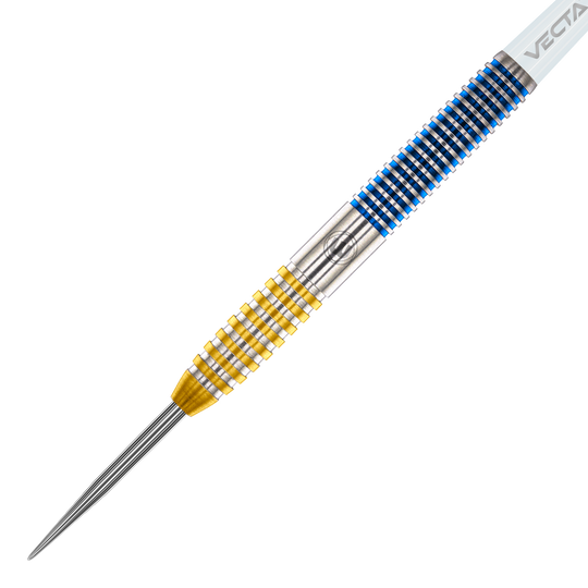 Winmau Daryl Gurney SC 1.0 Series Steeldarts - 23g Das Bild zeigt einen Winmau Daryl Gurney SC 1.0 Series Steeldart mit einem Gewicht von 23 Gramm. Der Dart hat ein auffälliges Design mit gelben und blauen Ringen am Griff.