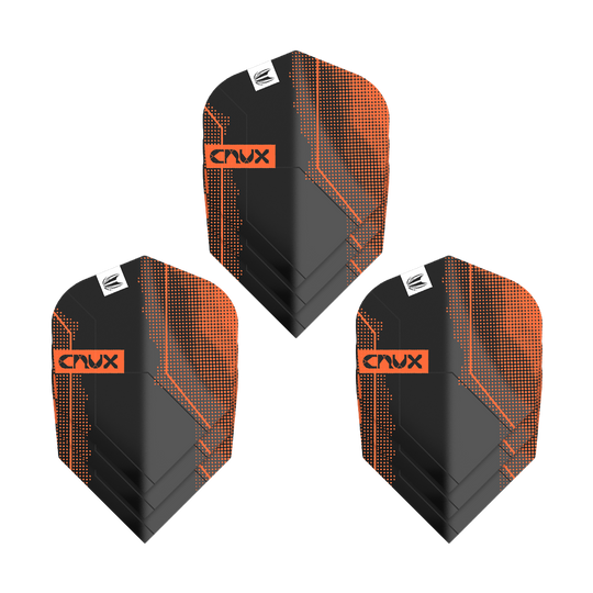 Das Bild zeigt drei Sets von Target Pro Ultra Crux No6 Flights. Die Flights sind schwarz mit orangefarbenen Akzenten und dem Schriftzug "Crux".