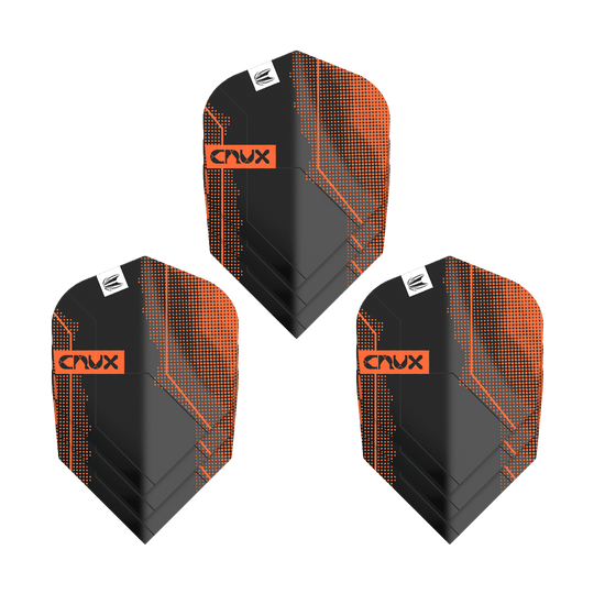 Target Pro Ultra Crux No6 Flights - 3 Sets - 3 Sets Das Bild zeigt drei Sets von Target Pro Ultra Crux No6 Flights. Die Flights sind schwarz mit orangefarbenen Akzenten und dem Schriftzug "Crux".