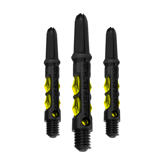 HR419_Harrows_Carbon_ST_Shafts_Gelb_33mm_1fut69ElLbL6Dh Das Bild zeigt drei Harrows Carbon ST Shafts in Gelb. Die Schäfte sind schwarz mit gelben Akzenten und haben eine robuste, moderne Optik.