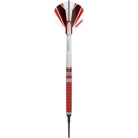 2429_Winmau_Overdrive_Softdarts_1JFsfRHw6pkaup Das Bild zeigt einen Winmau Overdrive Softdart mit einem Gewicht von 20 Gramm. Der Dart hat ein silbernes und rotes Design mit einem roten Winmau-Flight.