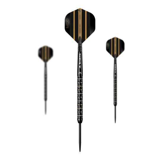 Mission Mike De Decker MDD Black Gold Steeldarts Das Bild zeigt drei Steeldarts des Modells "Mission Mike De Decker MDD Black Gold". Die Darts sind schwarz-gold gestaltet und besitzen ein modernes, auffälliges Design.