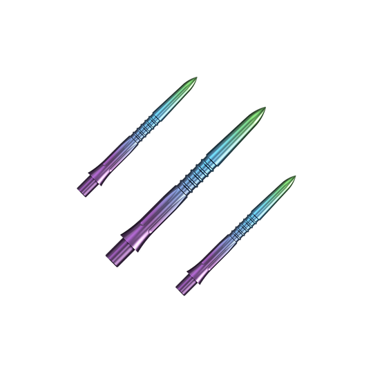 Mission Caliburn EVO dart tips GV1 - Rainbow Das Bild zeigt Steeldartspitzen in Regenbogenfarben mit einer Länge von 26 mm. Es handelt sich um ein Set namens Mission Caliburn EVO GV1.