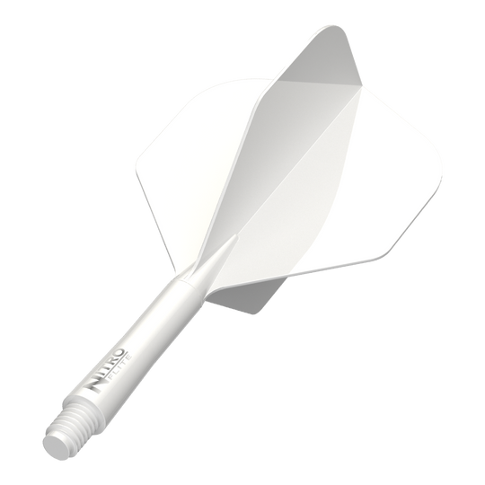 Red Dragon Nitroflite White Shaft White Flights No2 Das Bild zeigt das Produkt Red Dragon Nitro Flite Solid White and White Intermediate. Ein weißer Dart-Schaft mit weißen Flights ist zu sehen.