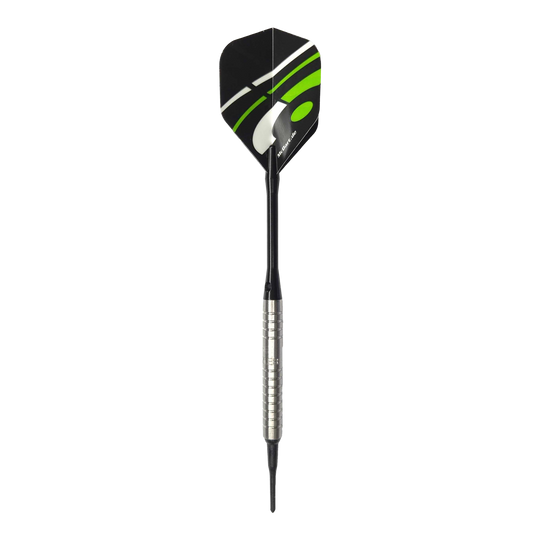McDart 85 Tungsten V16 soft darts - 16.5g Das Bild zeigt einen McDart 85er Tungsten V16 Softdart mit einem Gewicht von 16,5g. Der Dart besitzt einen silbernen, gerillten Barrel und schwarze sowie grüne Akzente auf dem Flight.
