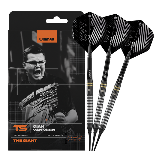 Winmau Gian Van Veen TS Softdarts mit 18g werden komplett dargestellt. Alle drei Darts sind zusammen zu sehen.