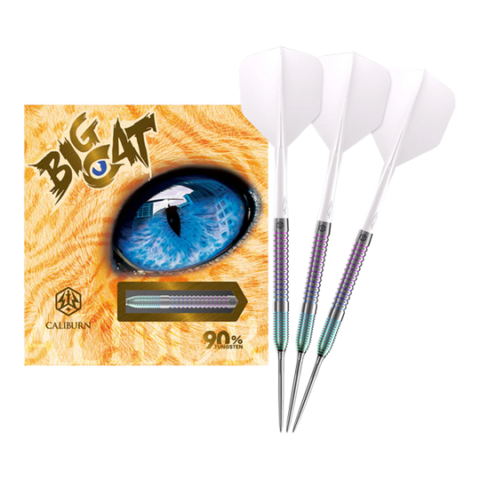 Caliburn Big Cats Ocelot steel darts Caliburn Big Cats Ozelot Steeldarts mit einem Gewicht von 23g. Das Bild zeigt die gesamte Länge des Dartpfeils.