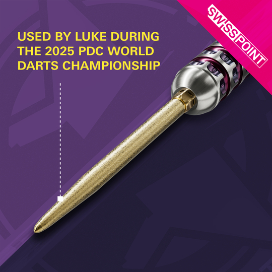 Auf dem Bild ist die goldene Target Swiss Point SLK Dartspitze zu sehen. Im Text wird hervorgehoben, dass sie von Luke während der PDC Darts-Weltmeisterschaft 2025 benutzt wurde.