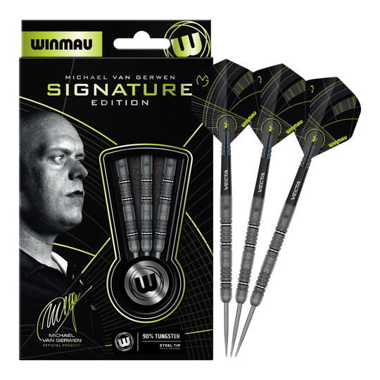 Zu sehen sind die Winmau Michael Van Gerwen Signature Edition Steeldarts. Das Produkt wurde in Zusammenarbeit mit dem Dartspieler Michael Van Gerwen entwickelt.