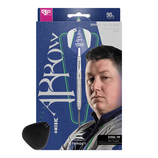 Das Bild zeigt die Verpackung der "Target Shane McGuirk GEN1 Swiss Point Steeldarts - 23g". Auf der Verpackung ist ein Dartpfeil und das Porträt eines Mannes abgebildet.