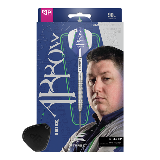 Target Shane McGuirk GEN1 Swiss Point Steel Darts - 23g Das Bild zeigt die Verpackung der "Target Shane McGuirk GEN1 Swiss Point Steeldarts - 23g". Auf der Verpackung ist ein Dartpfeil und das Porträt eines Mannes abgebildet.