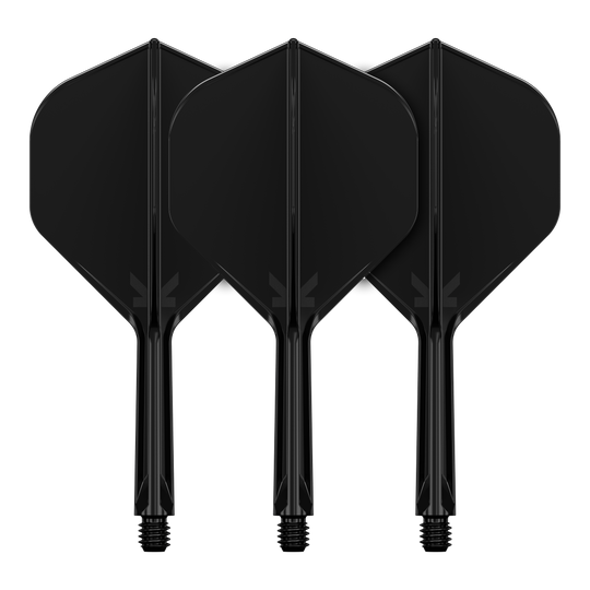 Das Bild zeigt drei schwarze Dartflights mit integrierten Schäften. Sie sind nebeneinander angeordnet und haben ein schlichtes, einfarbiges Design.
