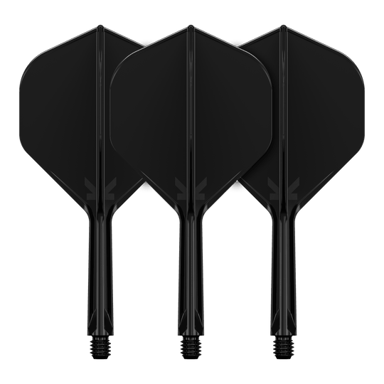 Target K-Flex No2 Standard Flight System - Black Das Bild zeigt drei schwarze Dartflights mit integrierten Schäften. Sie sind nebeneinander angeordnet und haben ein schlichtes, einfarbiges Design.