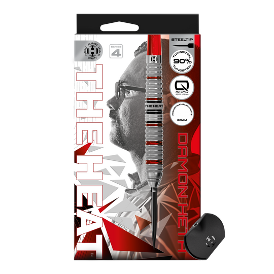 Abgebildet sind die Harrows Damon Heta Series 4 Quick Point Steeldarts. Diese Darts zeichnen sich durch ein modernes Design und ausgezeichnete Flugeigenschaften aus.