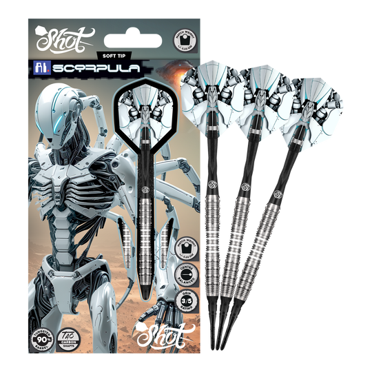 Hier ist der Shot AI Scorpula Softdarts - 20g in voller Länge dargestellt. Der Dart zeichnet sich durch seine hochwertige Verarbeitung aus.