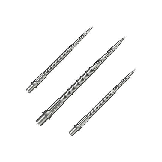 Das Bild zeigt vermutlich eine Steeldartspitze aus Silber mit einer Länge von 36 mm. Es handelt sich um eine Spiro NoLip Spitze aus dem Caliburn Evo System.