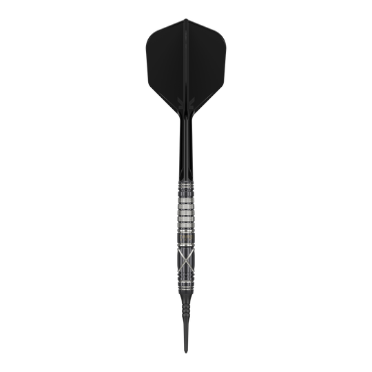 Target Japan Black Marque Chaos 2 Soft Darts - 19g Das Bild zeigt einen Softdart namens "Target Japan Black Marque Chaos 2" mit einem Gewicht von 19 Gramm. Der Dart hat ein elegantes, schwarzes Design mit silbernen Akzenten am Griff.