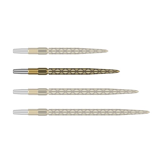Target Swiss Diamond Pro Gold dart tips Das Bild zeigt vier goldfarbene Dartspitzen mit silberner Spitze, die nebeneinander liegen. Die Oberflächen der Dartspitzen haben ein rautenförmiges Muster.
