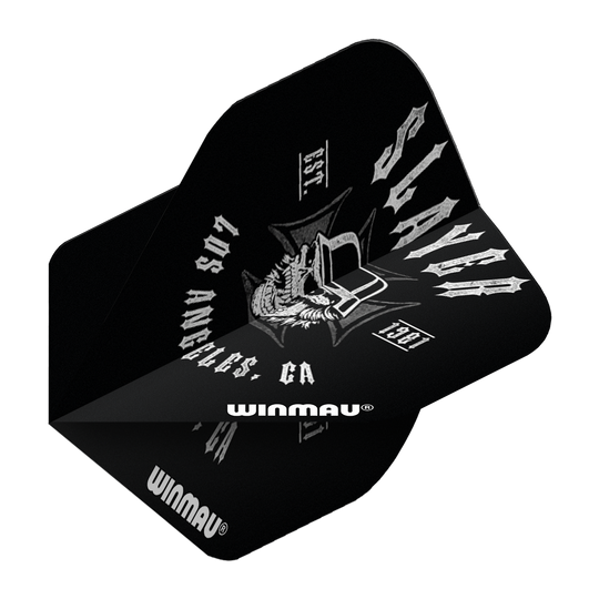 6905-222_Winmau_Rockstar_Legends_Slayer_LA_Standard_Flights_2 Das Bild zeigt die Winmau Rockstar Legends Slayer LA Standard Flights. Das Design ist schwarz mit weißen Schriftzügen und einem rockigen Motiv.