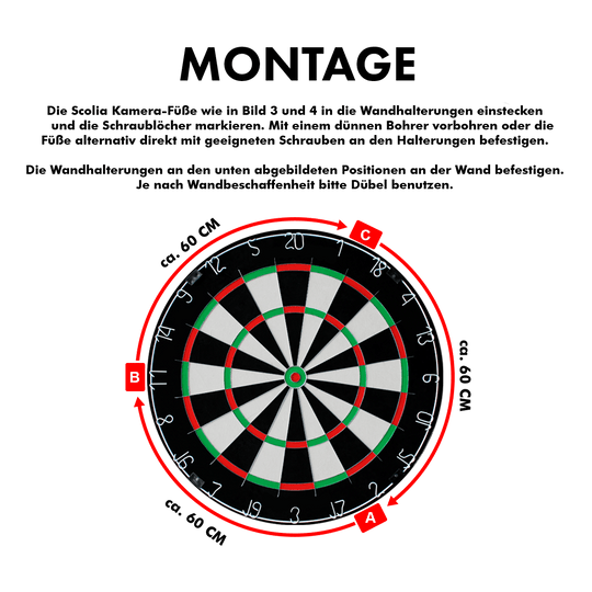 MC_Scolia_Abstandshalter_zur_Wandmontage_5 Das Bild zeigt den "Scolia Abstandshalter zur Wandmontage für Scolia Home 1". In der Mitte ist eine Dartscheibe abgebildet, umgeben von einem rot markierten Abstandshalter mit den Maßen von ca. 60 cm.