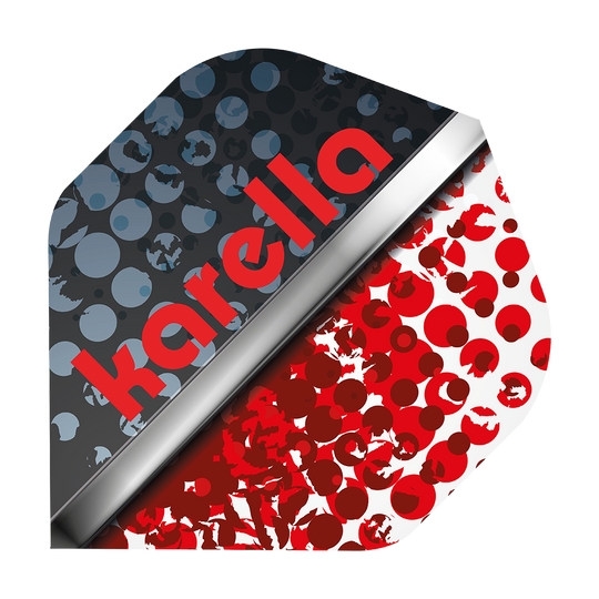 8032-12_Karella_XT-5_No2_Standard_Flights_1 Das Bild zeigt ein Dartflight-Design mit der Aufschrift "Karella" in roten Buchstaben. Die eine Hälfte ist dunkel mit blauen Punkten, die andere Hälfte ist weiß mit roten Punkten gestaltet.