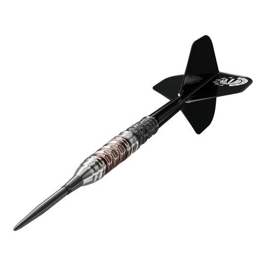 Die Target Japan Charis GEN6 Swiss Point Steeldarts - 23g werden hier abgebildet. Man erkennt das schlanke Barrel und die präzise Verarbeitung.