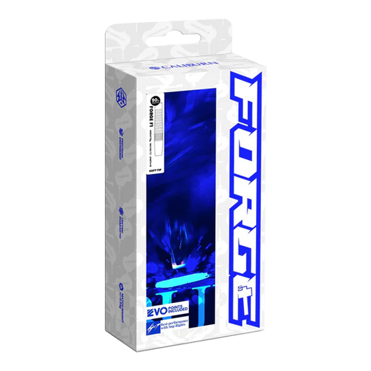 Caliburn Forge F3 steel darts - 22g Die Abbildung zeigt die Verpackung der „Caliburn Forge F3 Steeldarts - 22g“. Die Box ist überwiegend weiß mit blauen Akzenten und großem „FORGE“-Schriftzug an der Seite.