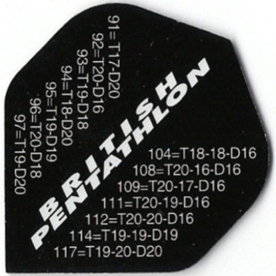 p36 Das Bild zeigt ein schwarzes Dart-Flight mit der Aufschrift "British Pentathlon". Auf dem Flight stehen verschiedene Checkout-Werte und Kombinationen für das Darts-Spiel.