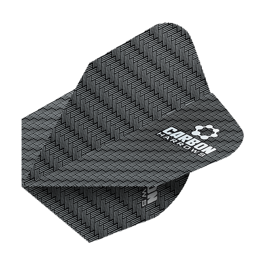 HR51_Harows_Carbon_No6_Flights_Grau_2 Das Bild zeigt das Produkt "Harrows Carbon Flights HR51". Es hat ein schwarzes Muster mit weißem Logoaufdruck.
