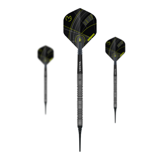 Das Bild zeigt die Winmau Michael Van Gerwen Signature Edition Softdarts mit einem Gewicht von 20g. Die Darts sind im Set abgebildet.