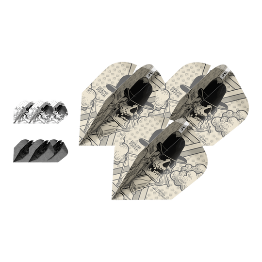 Target Ink Bundle 3 Sets Dimitri Van Den Bergh No6 Flights Das Bild zeigt drei Sets Dimitri Van Den Bergh No6 Flights aus der Target Ink Bundle Serie. Die Flights haben ein auffälliges Design mit einem Totenkopf, der einen Hut trägt.