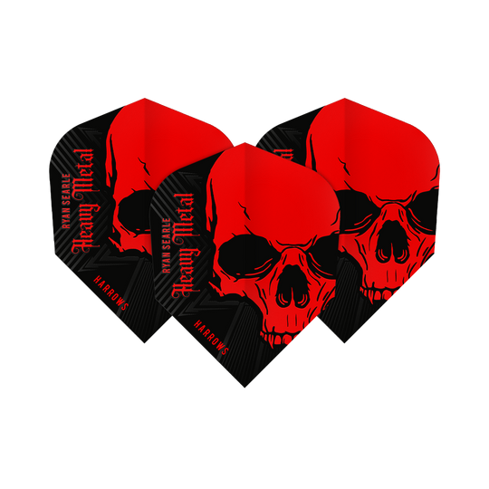 Harrow's Ryan Searle Heavy Metal No6 Flights Das Bild zeigt die Harrows Ryan Searle Heavy Metal No6 Flights. Die Flights sind schwarz und rot gestaltet und zeigen einen auffälligen Totenkopf mit dem Schriftzug "Heavy Metal".