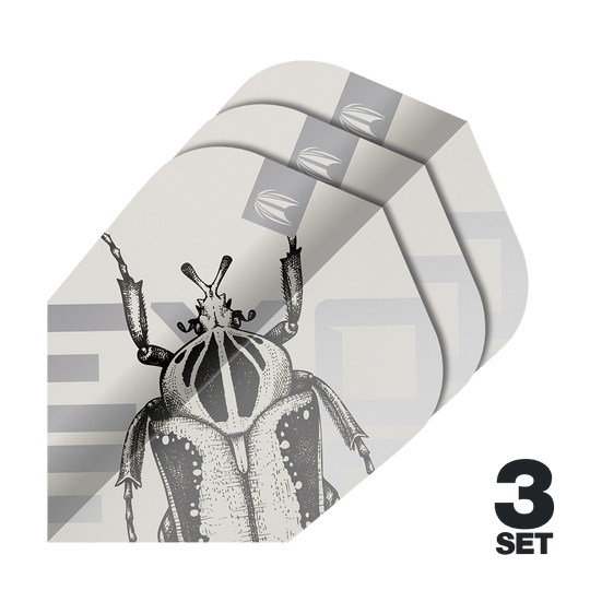 Target Pro Ultra Exo 2.0 Ten-X Flights - 3 sets Das Bild zeigt drei Sätze Target Pro Ultra Exo 2.0 Ten-X Flights für Darts. Auf den Flights ist eine schwarz-weiße Zeichnung eines Insekts abgebildet.