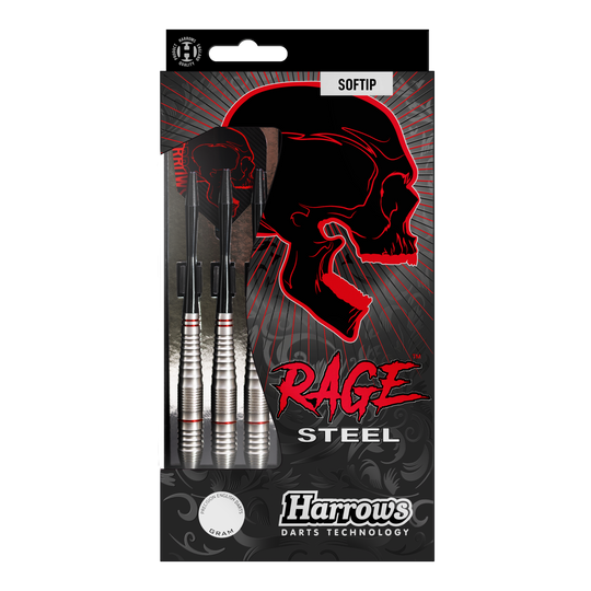 Harrows Rage Softdarts Das Bild zeigt eine Packung Harrows Rage Softdarts mit drei silbernen Darts. Auf der Verpackung ist ein roter Totenkopf und der Schriftzug "Rage" auffällig zu sehen.