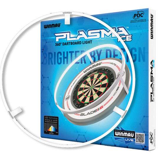 BUNDLE Winmau Plasma Ice LED Lighting and Surround Das Bild zeigt das Produkt "Winmau Plasma Ice LED Beleuchtung und Surround Bundle". Auf der Verpackung ist ein beleuchteter Dartboard-Ring mit dazugehörigem Dartboard abgebildet.