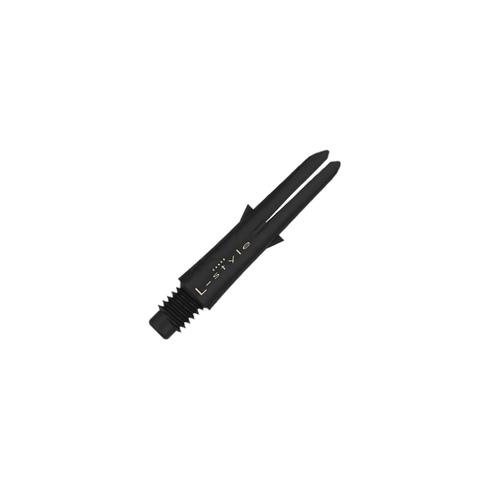 Das Bild zeigt einen schwarzen Dart-Schaft aus Carbon mit der Aufschrift "L-style". Der Schaft ist ohne Kappen und hat ein Gewinde am unteren Ende.