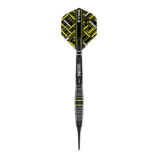 Red Dragon Astraeus Q4X Torpedo Soft Darts - 20g Das Bild zeigt den Red Dragon Astraeus Q4X Torpedo Softdart mit einem Gewicht von 20g. Der Dart hat ein modernes Design mit schwarzen und gelben Akzenten.
