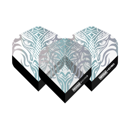 Das Bild zeigt die Pentathlon HD150 Metallic Clear Standard Flights mit einem stilisierten, tierischen Gesichtsmuster. Die Flights sind größtenteils durchsichtig mit silbernen und metallischen Akzenten sowie schwarzem Rand unten.