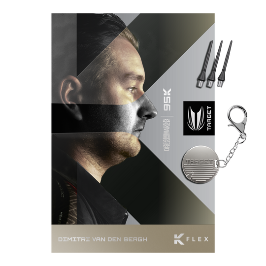 Target Dimitri Van Den Bergh 95K soft darts - 19g Das Bild zeigt die Target Dimitri Van Den Bergh 95K Softdarts mit einem Gewicht von 19 Gramm. Die Softdarts sind für präzises Werfen und professionelles Dartspiel konzipiert.