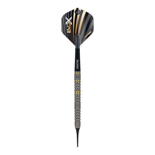 Das Bild zeigt einen Winmau Michael Van Gerwen Evo-X Softdart mit einem Gewicht von 20g. Der Dart hat ein modernes Design mit schwarz-goldenen Akzenten und einer strukturierten Griffzone.