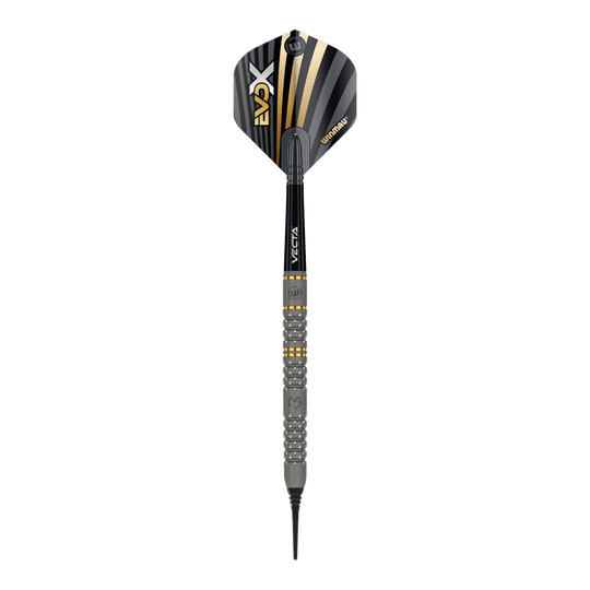 Winmau Michael Van Gerwen Evo-X soft darts - 20g Das Bild zeigt einen Winmau Michael Van Gerwen Evo-X Softdart mit einem Gewicht von 20g. Der Dart hat ein modernes Design mit schwarz-goldenen Akzenten und einer strukturierten Griffzone.