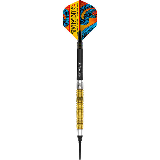 Das Bild zeigt einen Softdart mit goldfarbenem Griff und bunter Spitze. Auf dem Flight steht "Snakebite Double World Champion" und es ist ein blauer Drache abgebildet.