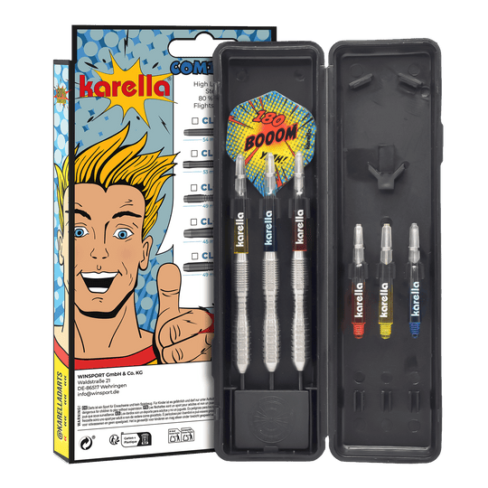 Die Abbildung zeigt die Karella Comic Line CL-3 Steeldarts mit einem Gewicht von 24g. Die Darts sind für den professionellen Einsatz geeignet und haben ein ansprechendes Design.