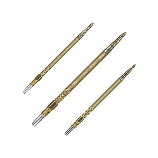 Target Swiss Point DX dart tips - gold Das Bild zeigt drei goldene Dartspitzen mit feiner Gravur. Sie sind in einer Reihe nebeneinander angeordnet und haben silberne Endstücke.