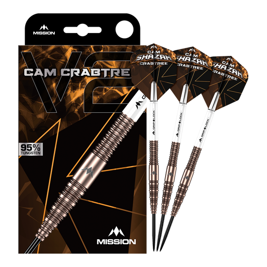 Mission Cam Crabtree V2 95% Tungsten Steel Darts Das Bild zeigt die Mission Cam Crabtree V2 Steeldarts in voller Ansicht. Es handelt sich um ein Set von Steeldarts, präsentiert von vorne.