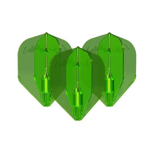 L-Style Fantom L3EZ Flights Green Das Bild zeigt drei grüne L-Style Fantom L3EZ Flights für Dartpfeile. Die Flights sind durchsichtig und haben eine glänzende Oberfläche.