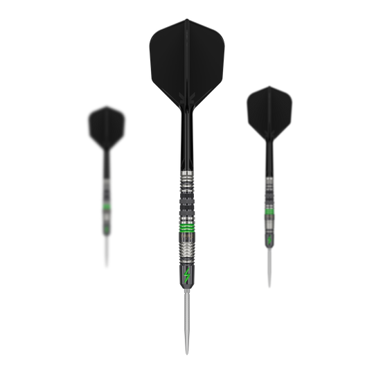 Target Japan Black Marque Lightning 3 SP steel darts Das Bild zeigt drei Target Japan Black Marque Lightning 3 SP Steeldarts mit schwarzem Flight und silber-grünem Barrel. Die Darts sind modern gestaltet und besitzen eine schlanke, spitze Spitze.